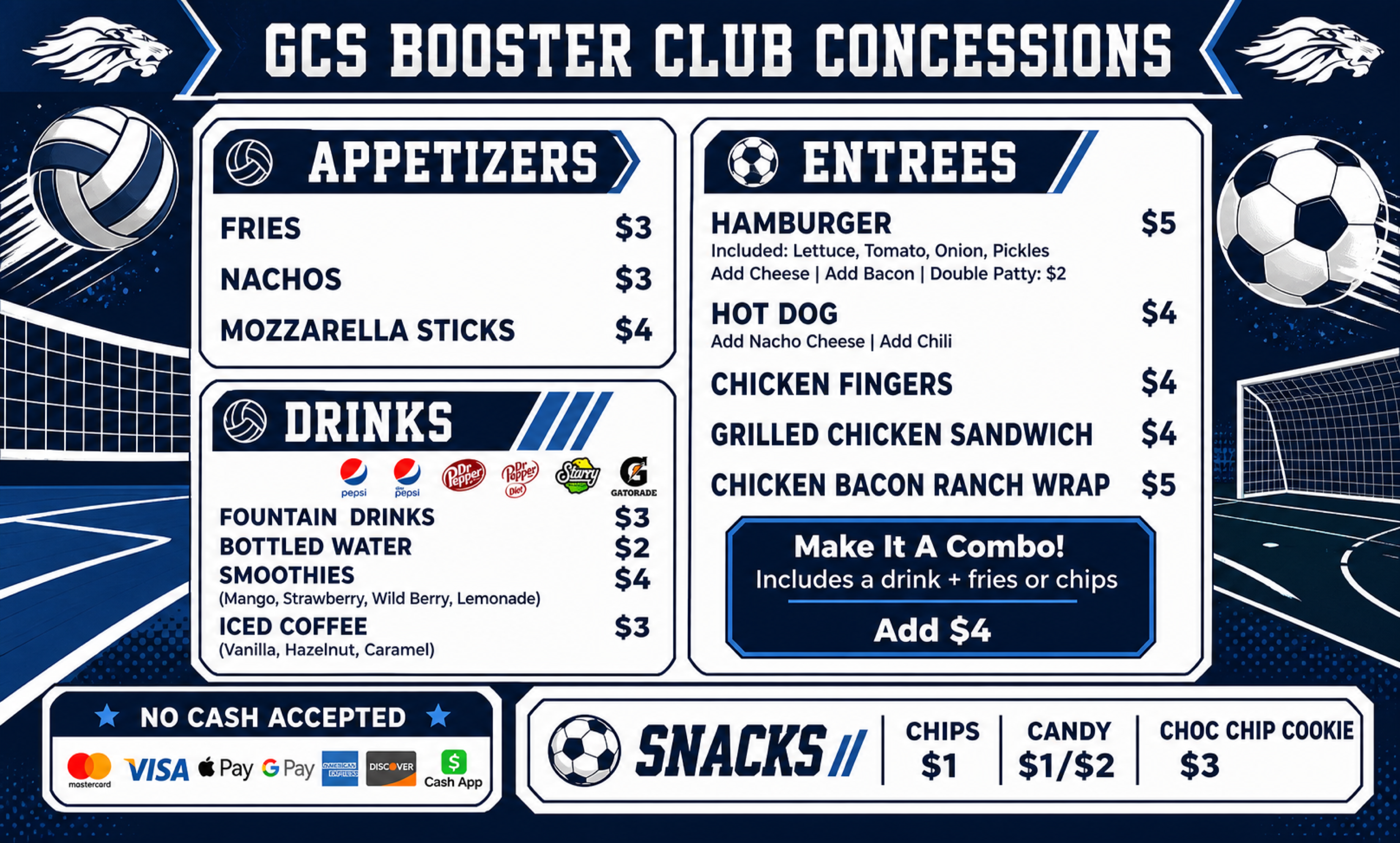 GCS Booster Club soccer and volleyball concession menu with current items and prices
